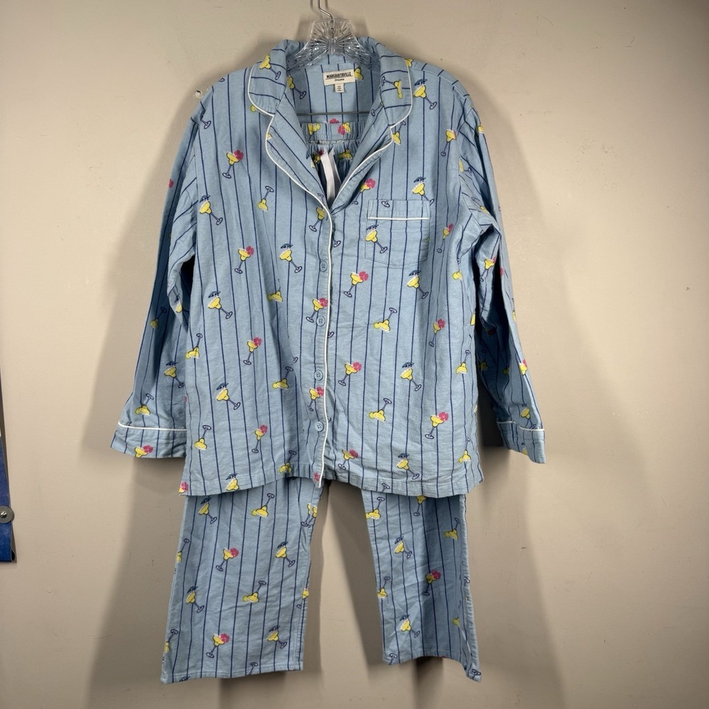 Margaritaville Dreams Cotton Flannel Pajama Set Blue Cocktail Top Bottoms Sz L